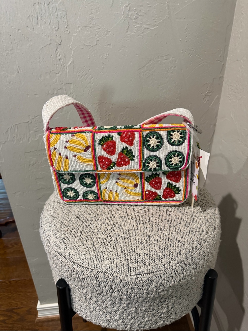 Beaded Fruit Patchwork Shoulder Bag - White Pink Red